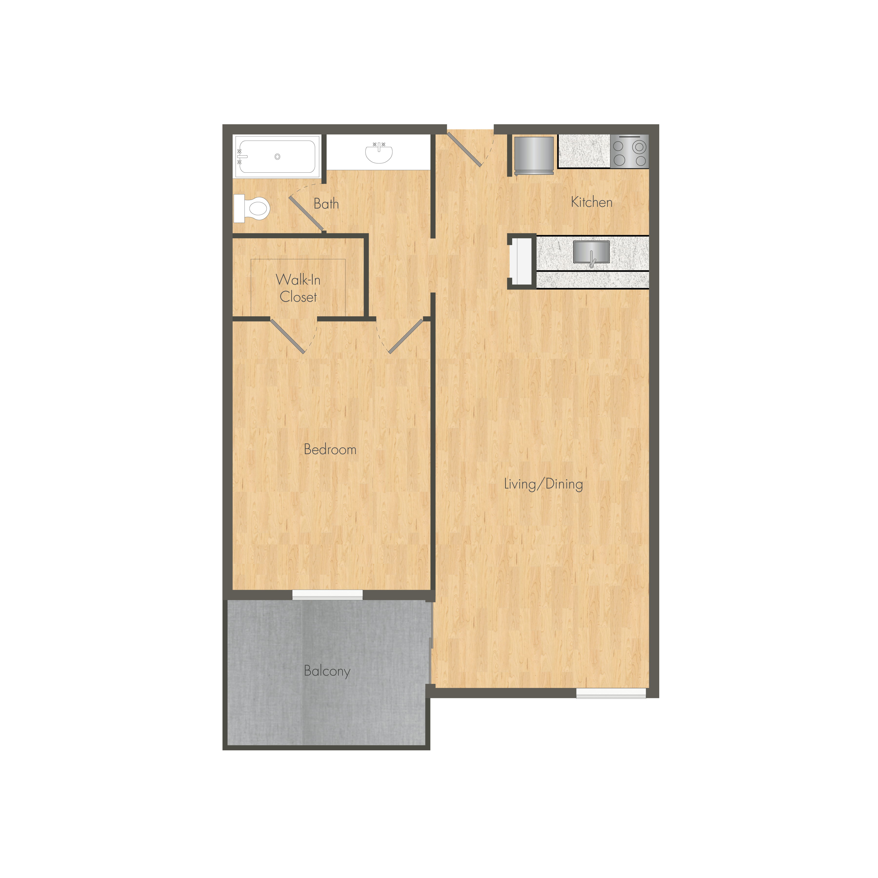 A floor plan of a house with a kitchen, living room/dining area, and a bedroom.