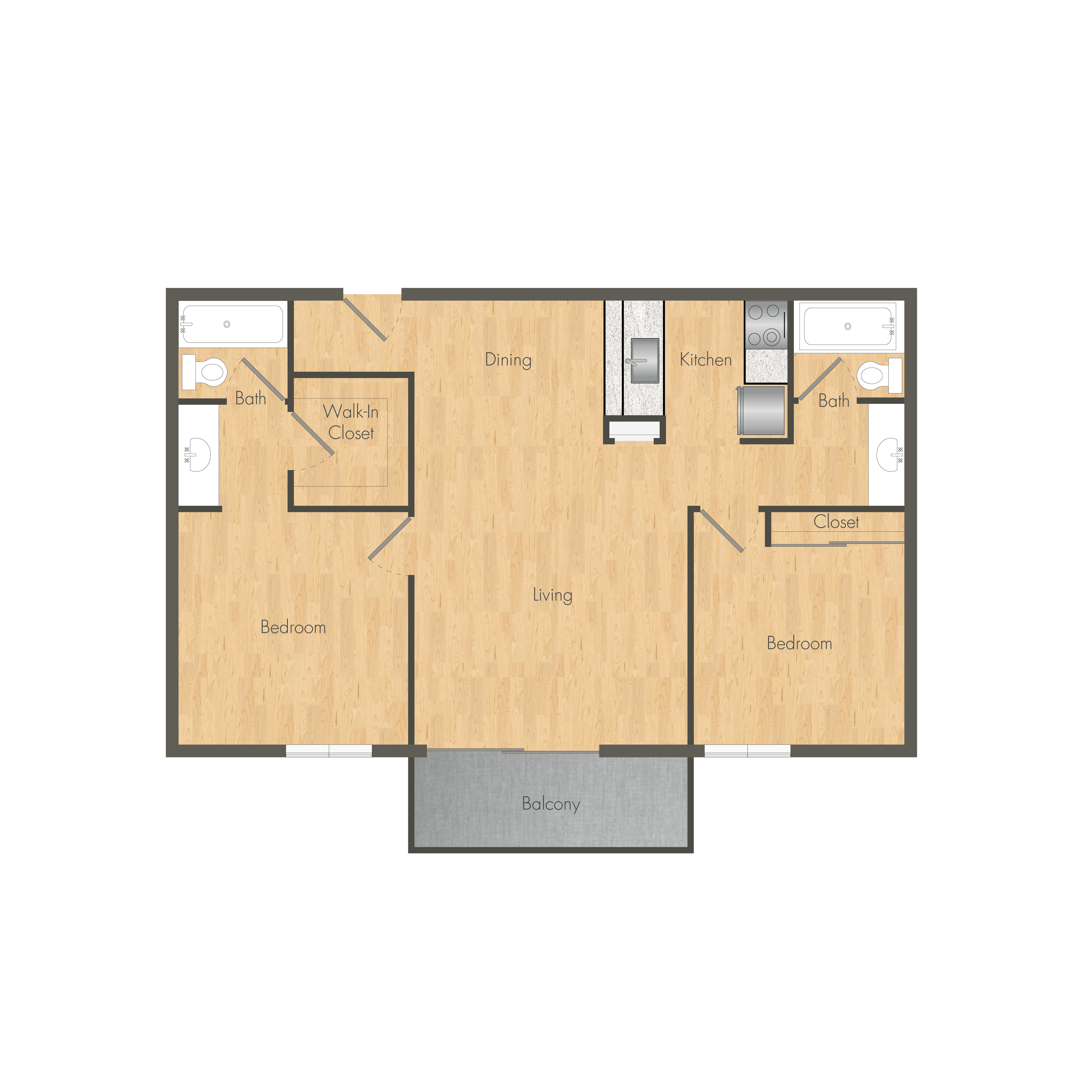 A floor plan of a house with two bedrooms, a living room, a dining room, a kitchen, a bathroom, and a balcony.