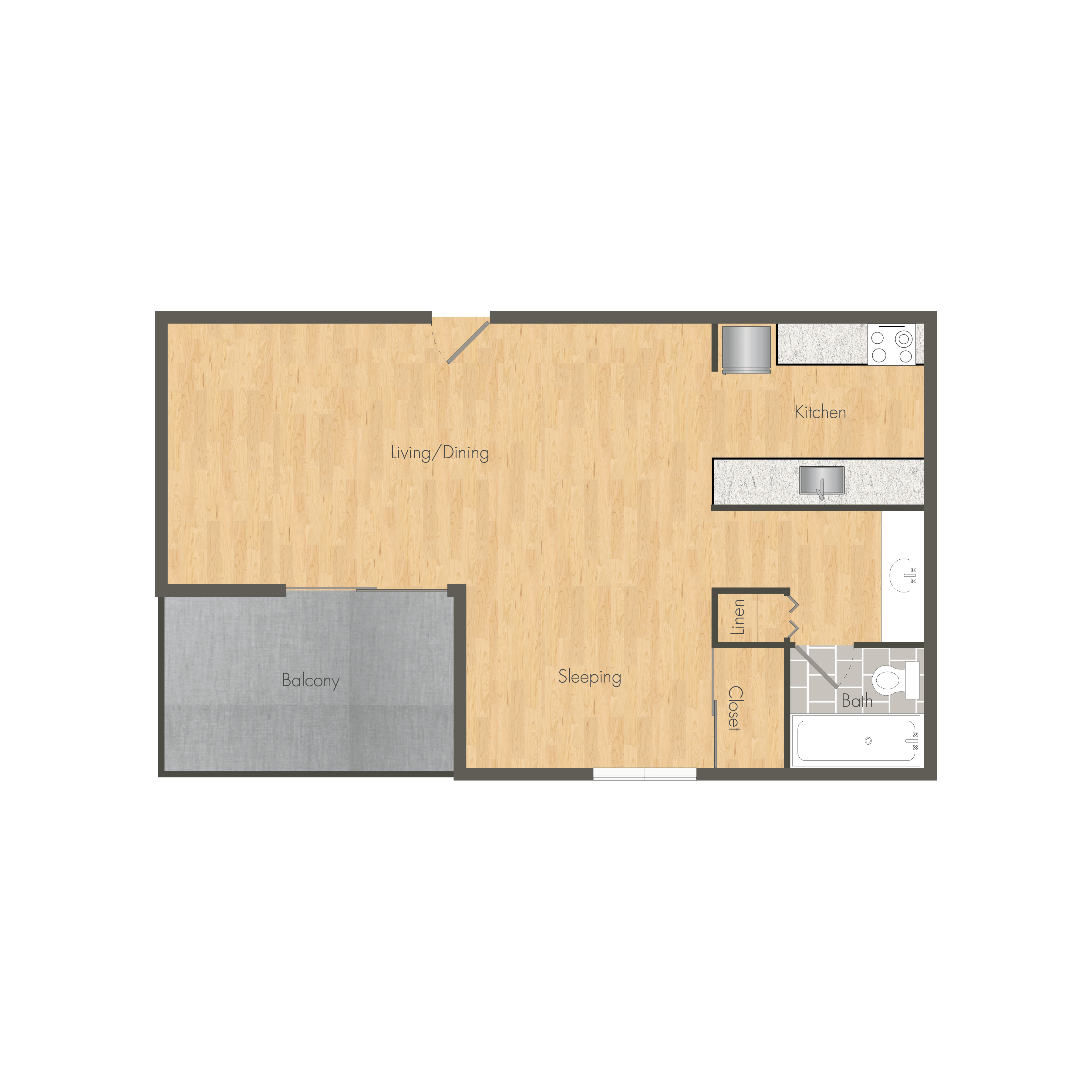 A floor plan of a house with labeled rooms such as Living/Dining, Kitchen, Bedroom, Bath, and Balcony.