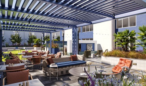 rendering of courtyard patio area with lounge seating