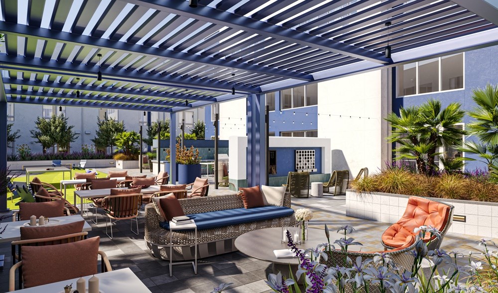 rendering of courtyard patio area with lounge seating