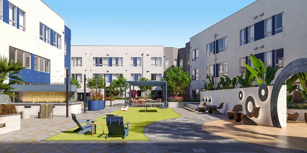 Courtyard with lounge seating and a lawn