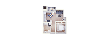 A dollhouse with a white and brown color scheme features a living room, kitchen, and bathroom.