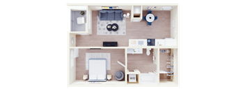 A dollhouse floor plan with furniture and decorations.