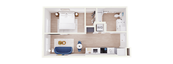 A top-down view of a well-organized room with a bed, a desk, and a chair.