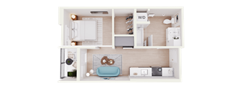 A top-down view of a well-organized apartment with a kitchen, living room, and bathroom.