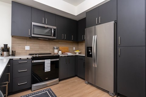 A modern kitchen with black cabinets and stainless steel appliances.