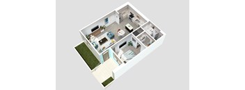 A 3D floor plan of a house with a living room, kitchen, dining room, and two bedrooms.