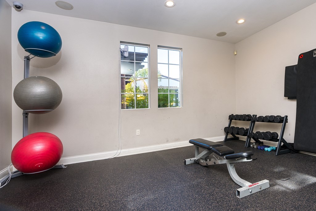 gym with free weights and bench