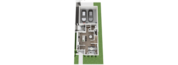A top-down view of a house with two cars parked in the driveway.