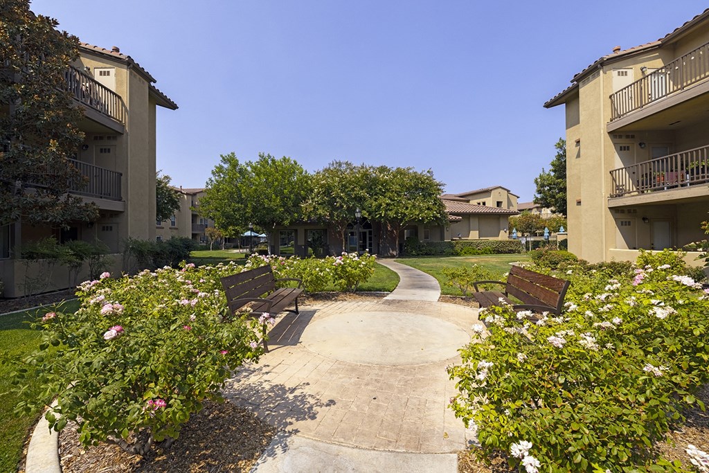 Courtyard benches and roses at 55+ FountainGlen Stevenson Ranch, Stevenson Ranch, CA