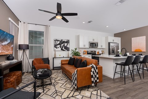 A living room with a brown couch and a black and white rug.