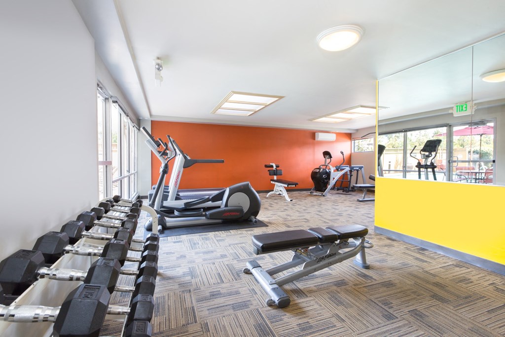 avenue two fitness center with weights at Avenue Two Apartments, California, 94063