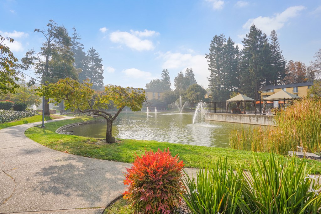 Pond with fountains at Americana Apartments, Mountain View, California