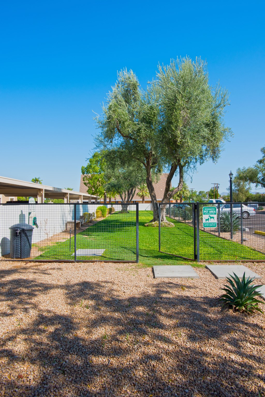 Fully Furnished Apartments for Rent in Scottsdale, AZ - Winfield Scottsdale - The Verdant Outdoor Pet Area Featuring Lush Trees and a Secure Fence