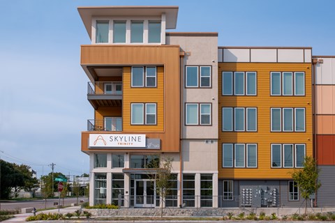 A modern building with the name "A Skyline" on the front.