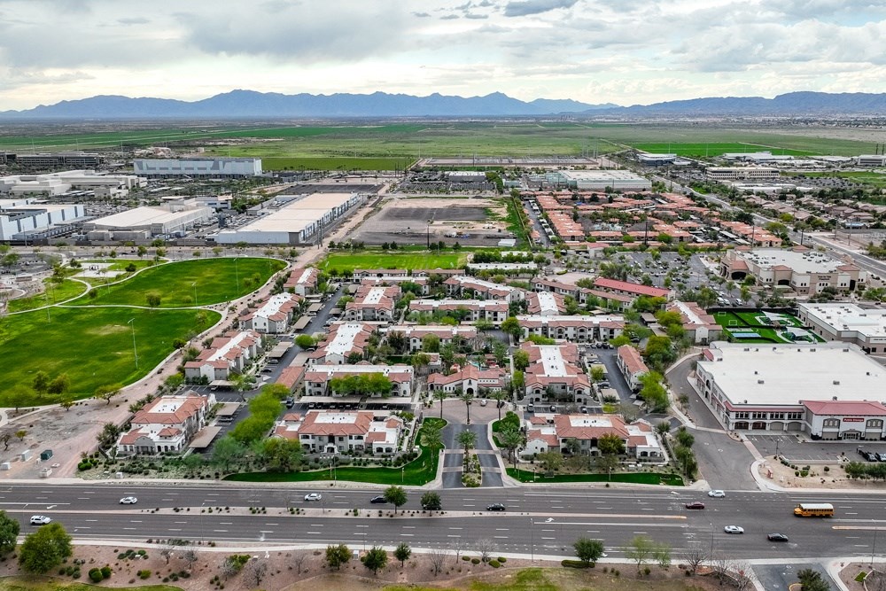 an aerial view of the surrounding city