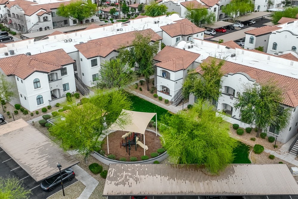 ariel view of courtyard with trees