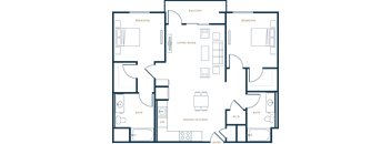a floor plan of a residence showing the layout of the bedrooms and the living room