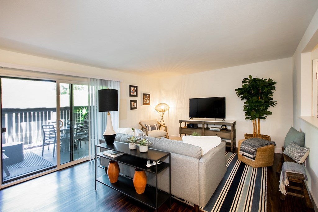 A living room with a white sofa and a television.