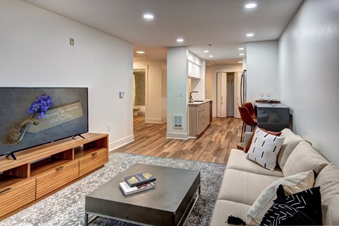 A living room with a television and a couch.