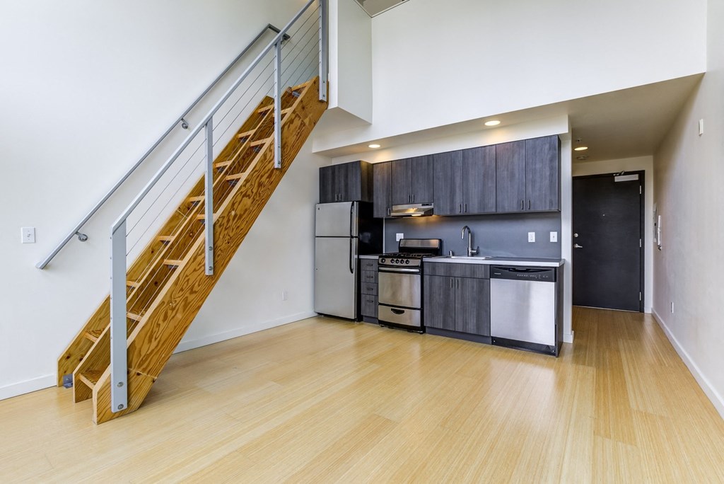 Loft kitchen with stainless steel appliances