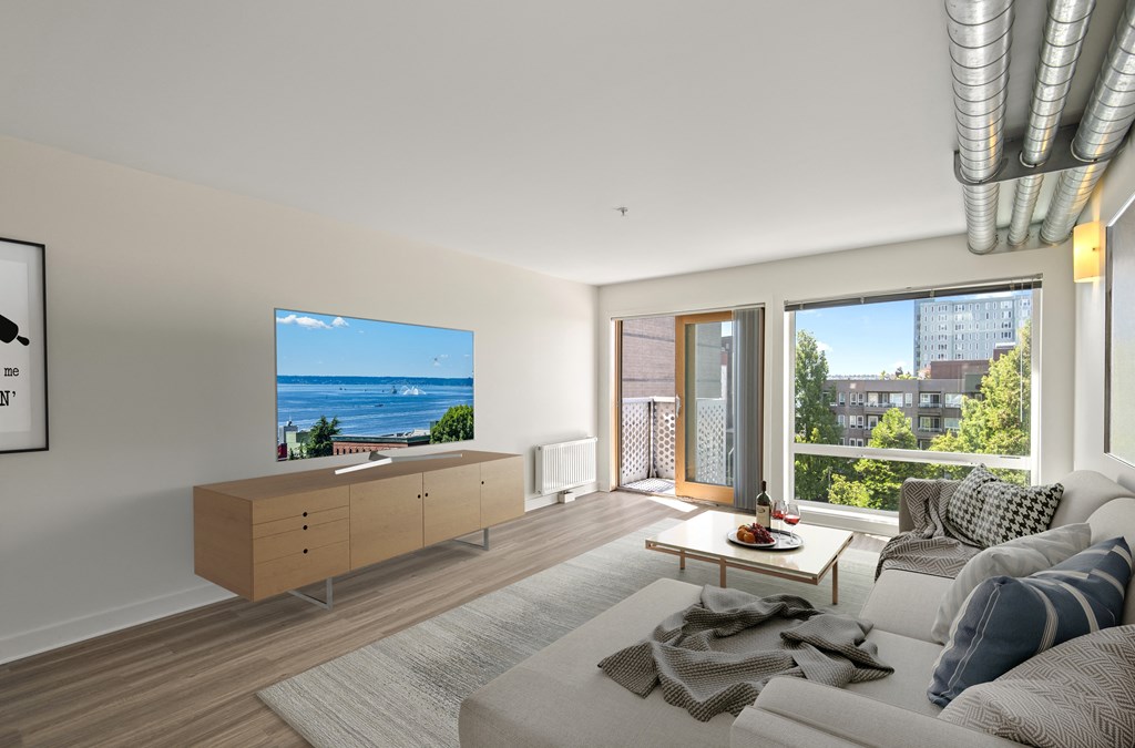 a rendering of a living room with a large tv on the wall