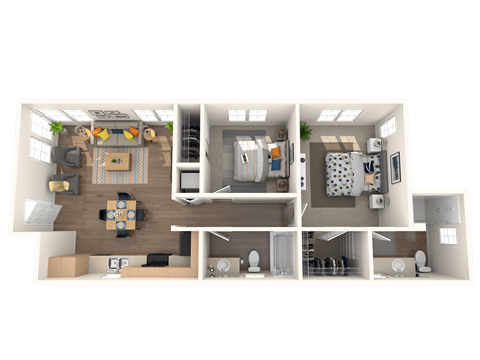 A 3D floor plan of a house with a living room, kitchen, dining room, and bedrooms.