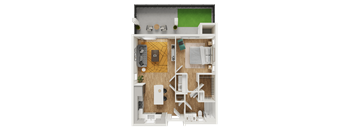A top-down view of a small apartment layout with a kitchen, living room, and bedroom.