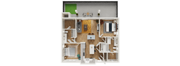 A top-down view of a house layout with a kitchen, living room, and bedrooms.