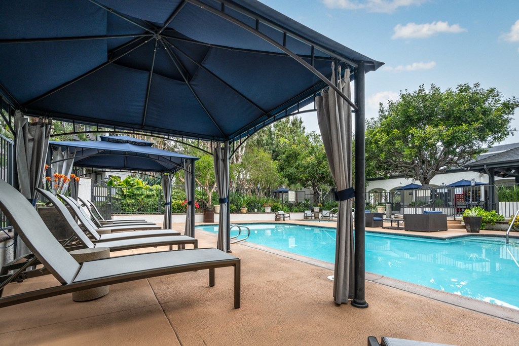 Pool cabanas at 55+ FountainGlen Goldenwest, Westminster, CA