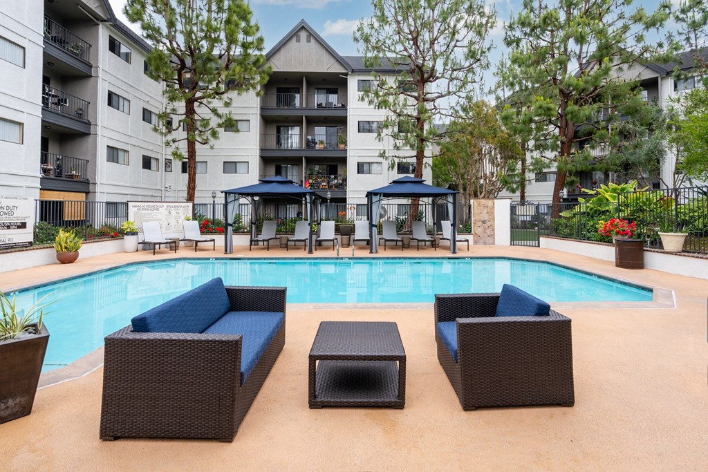 Pool area seating at 55+ FountainGlen Goldenwest, Westminster, CA