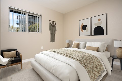 Furnished bedroom model at 55+ FountainGlen Goldenwest Senior Apartments, California, 92683