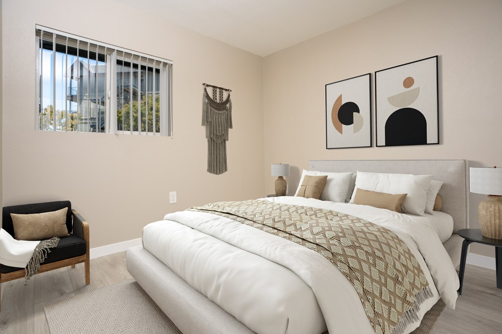 Furnished bedroom model Furnished bedroom model at 55+ FountainGlen Goldenwest Senior Apartments, California, 92683