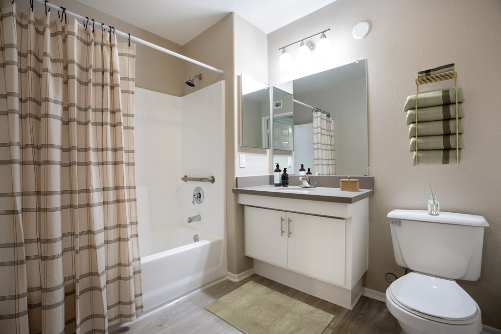 a bathroom with a toilet sink and shower and a mirror at 55+ FountainGlen Rancho Santa Margarita, Rancho Santa Margarita, CA