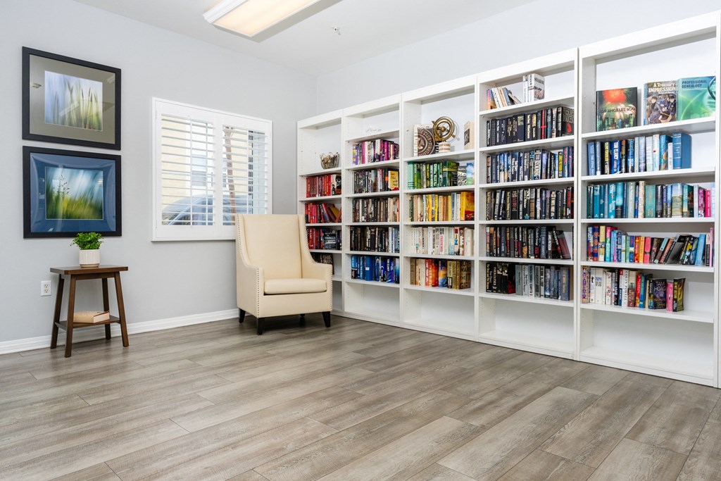 Library at 55+ FountainGlen Seacliff, Huntington Beach CA