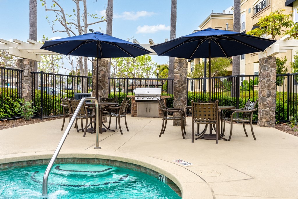 Spa and BBQ area at 55+ FountainGlen Seacliff, California, 92648