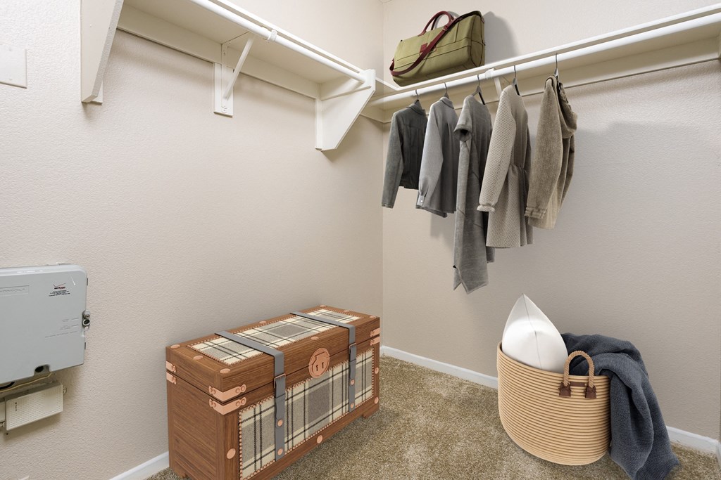 a walk in closet with a clothes rack and suitcases
