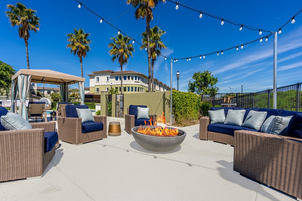 the outdoor patio has a fire pit and seating around it