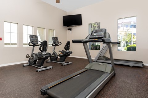 fitness center treadmill and recumbent bikes at 55+ FountainGlen Valencia, Valencia, CA, 91354