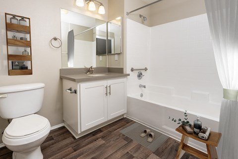 a bathroom with a toilet sink and tub and a mirror at 55+ FountainGlen Valencia, Valencia, CA, 91354