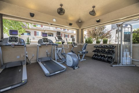 a fitness center with treadmills and other exercise equipment