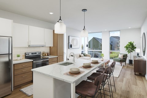 A modern kitchen with a large island and brown chairs.
