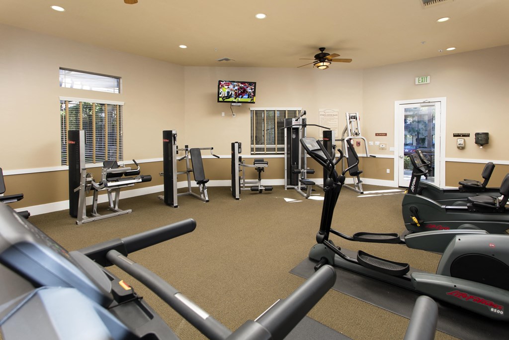 a room filled with lots of cardio equipment and a flat screen tv at 55+ Remington at Ladera Ranch, Ladera Ranch