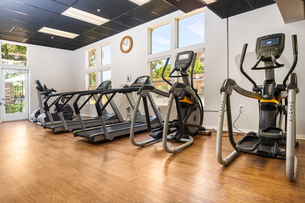 a row of treadmills and elliptical trainers in a fitness room at 55+ FountainGlen Temecula, Temecula, CA, 92591
