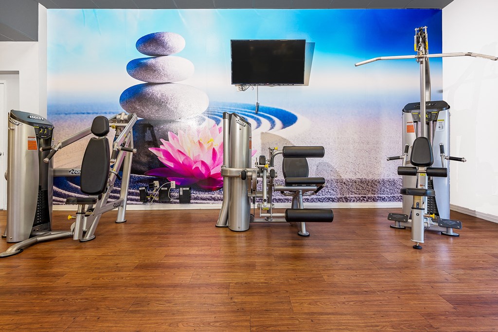 a room filled with cardio equipment and a wall mural of a pink flower at 55+ FountainGlen Temecula, California, 92591