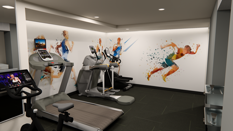 A gym with treadmills and exercise bikes.
