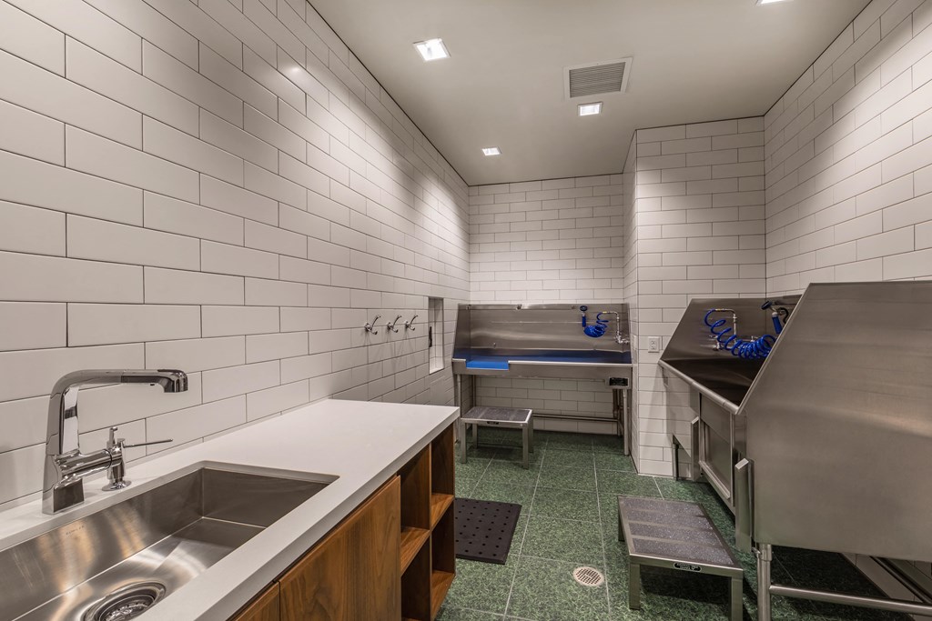a kitchen with a sink and a counter and a stainless steel refrigerator