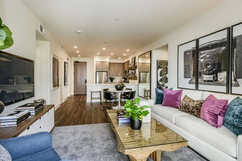 a living room with a couch and a coffee table