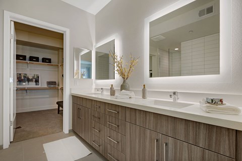 a bathroom with two sinks and a large mirror